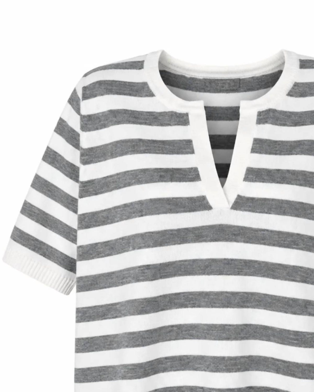 Zenana - Split Neck Stripe Short Sleeve Sweater