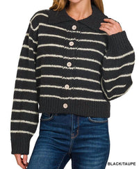 Zenana - Striped Button Down Collar Sweater