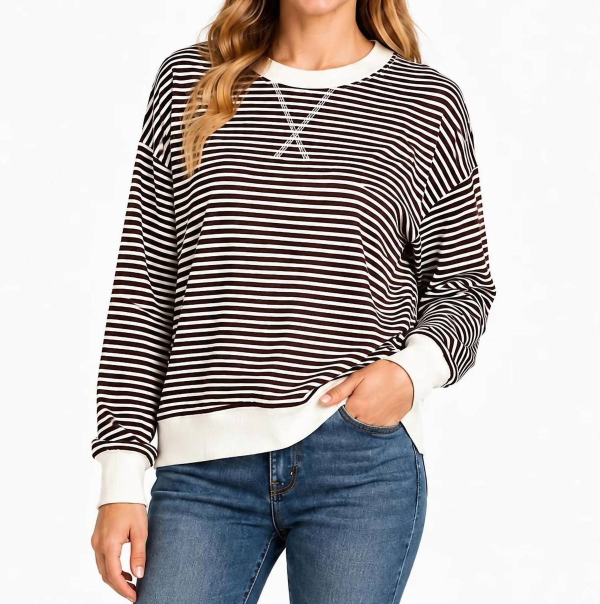 Zenana - Striped Rib Banded Pullover