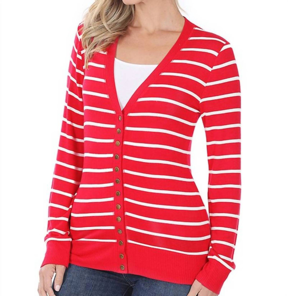 Zenana - Striped Snap Full Sleeve Cardigan