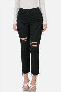 Zenana - Women's Distressed Raw Hem Cropped Jeans - black - clothing - cotton - blend