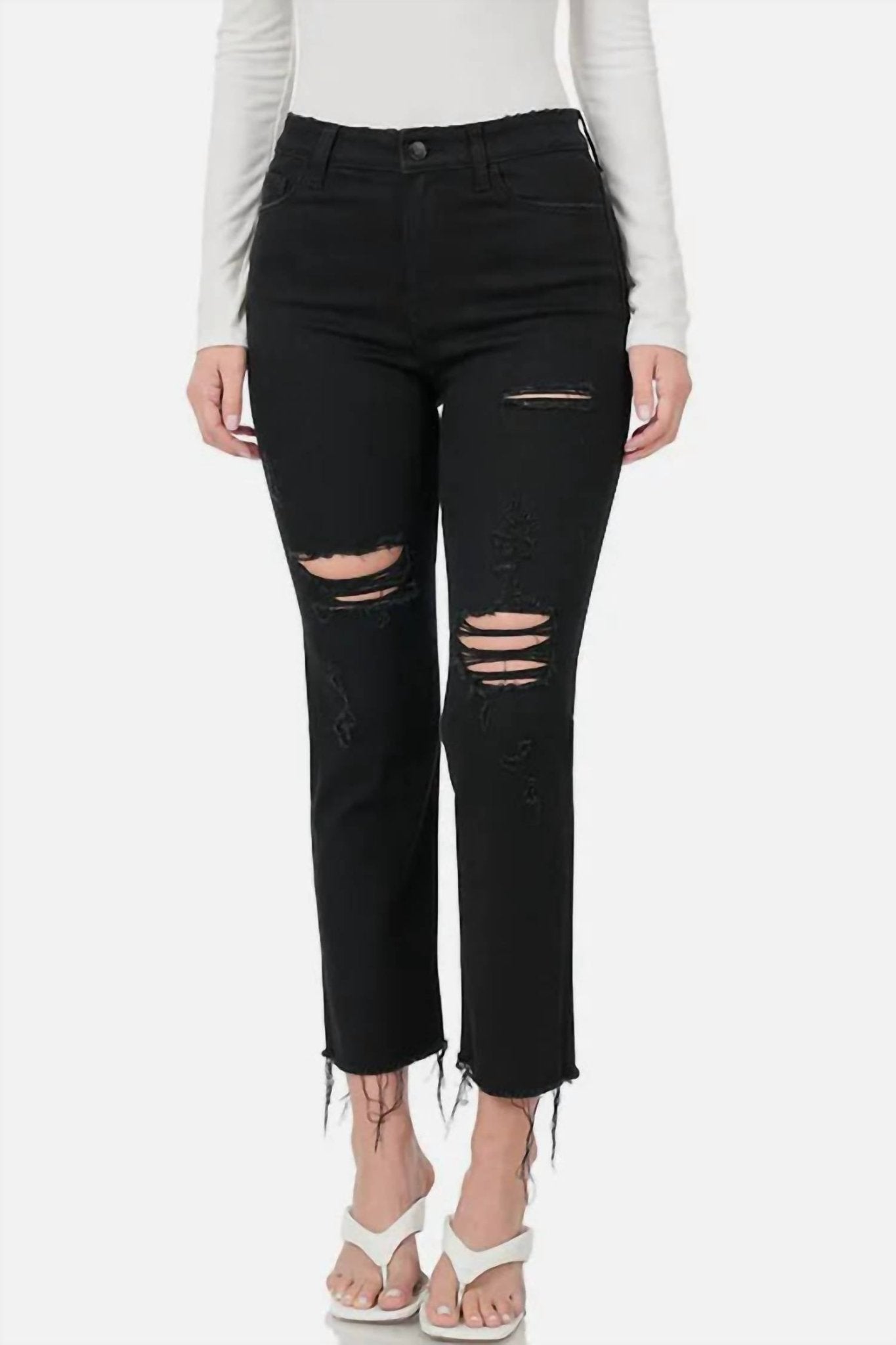 Zenana - Women's Distressed Raw Hem Cropped Jeans - black - clothing - cotton - blend
