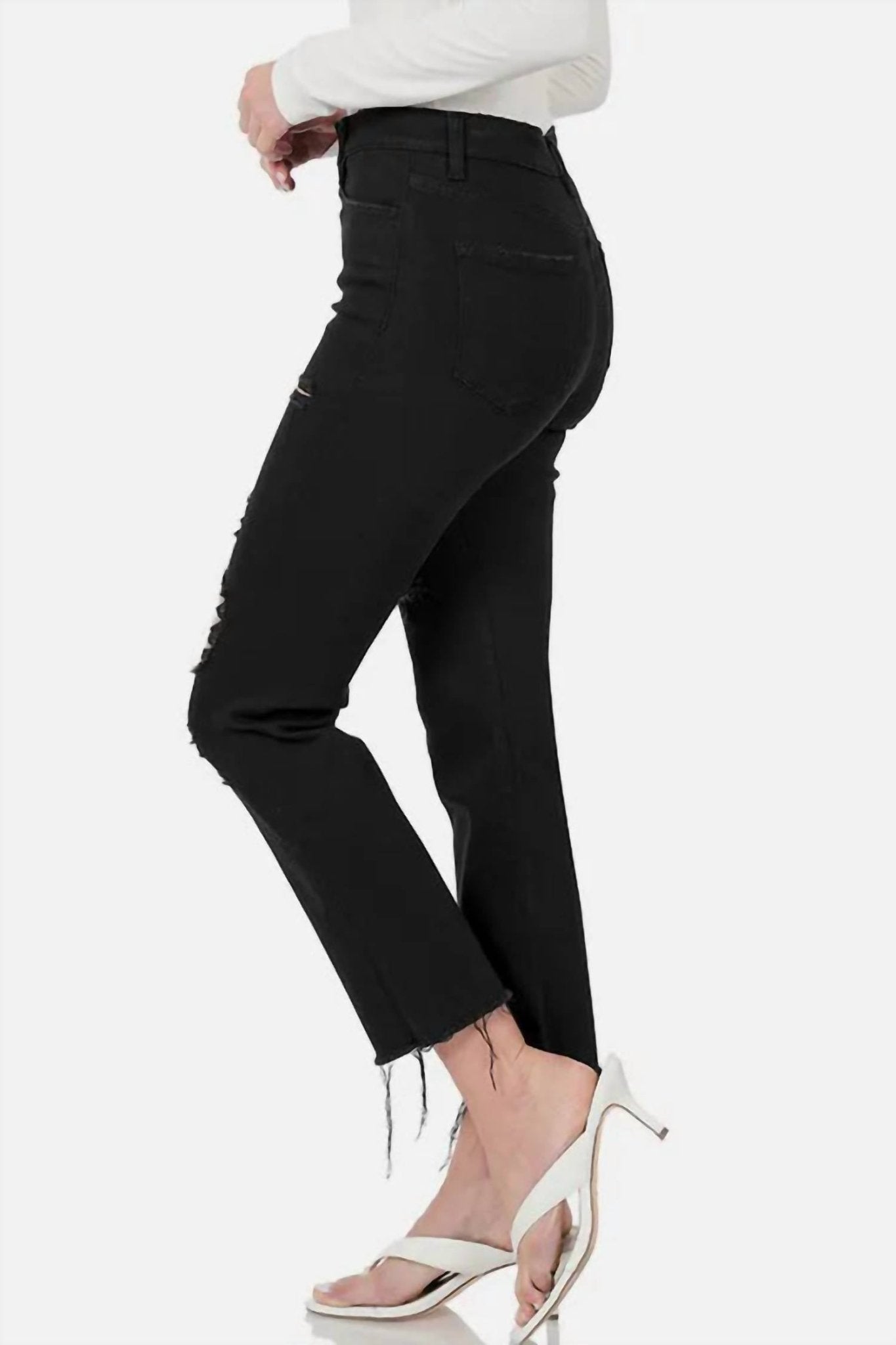 Zenana - Women's Distressed Raw Hem Cropped Jeans - black - clothing - cotton - blend
