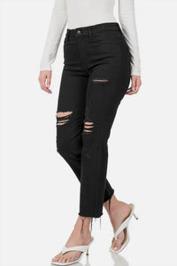 Zenana - Women's Distressed Raw Hem Cropped Jeans - black - clothing - cotton - blend
