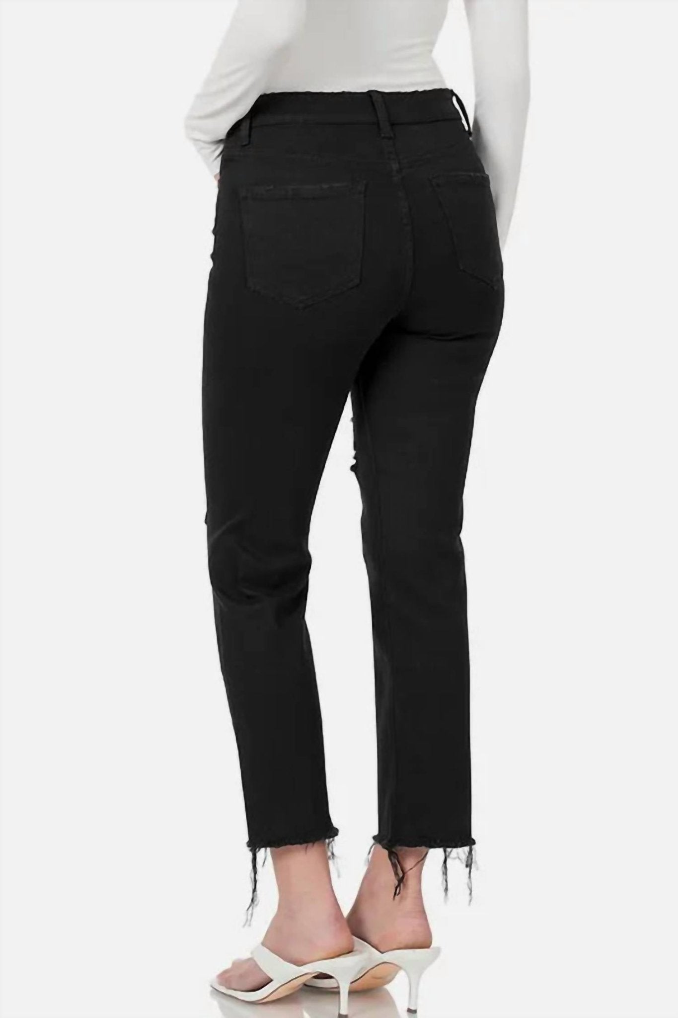 Zenana - Women's Distressed Raw Hem Cropped Jeans - black - clothing - cotton - blend