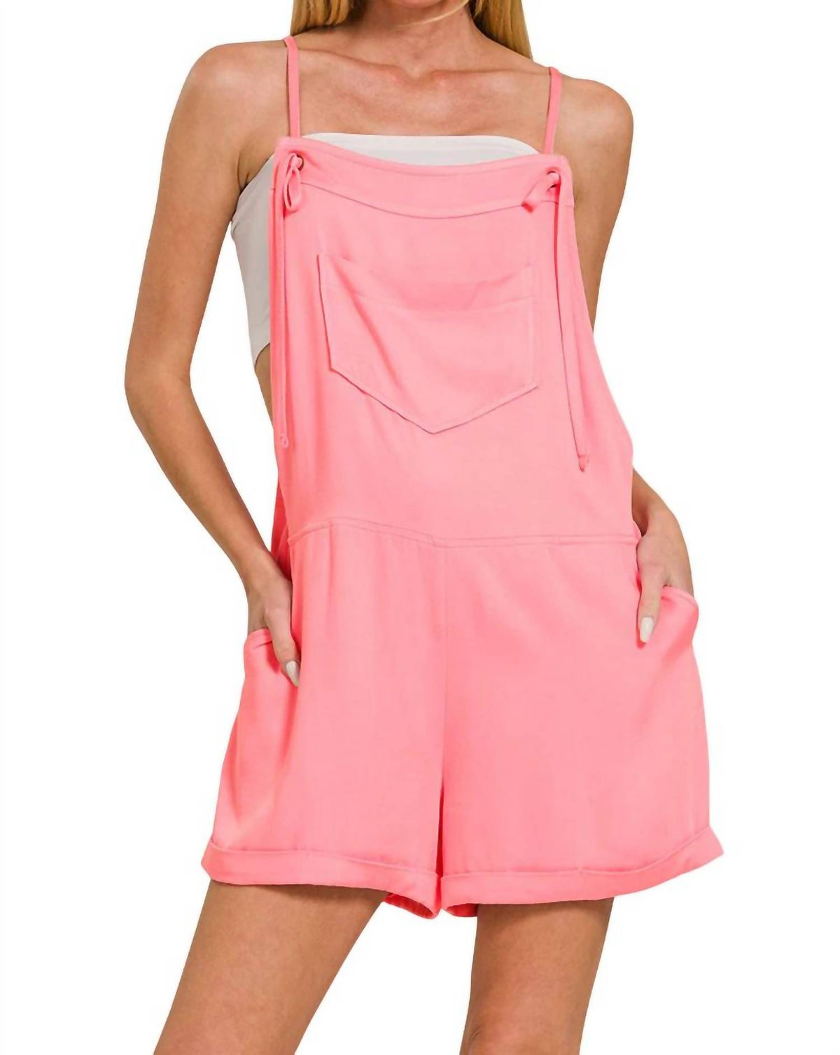 Zenana - Woven Romper With Tie Knot Strap