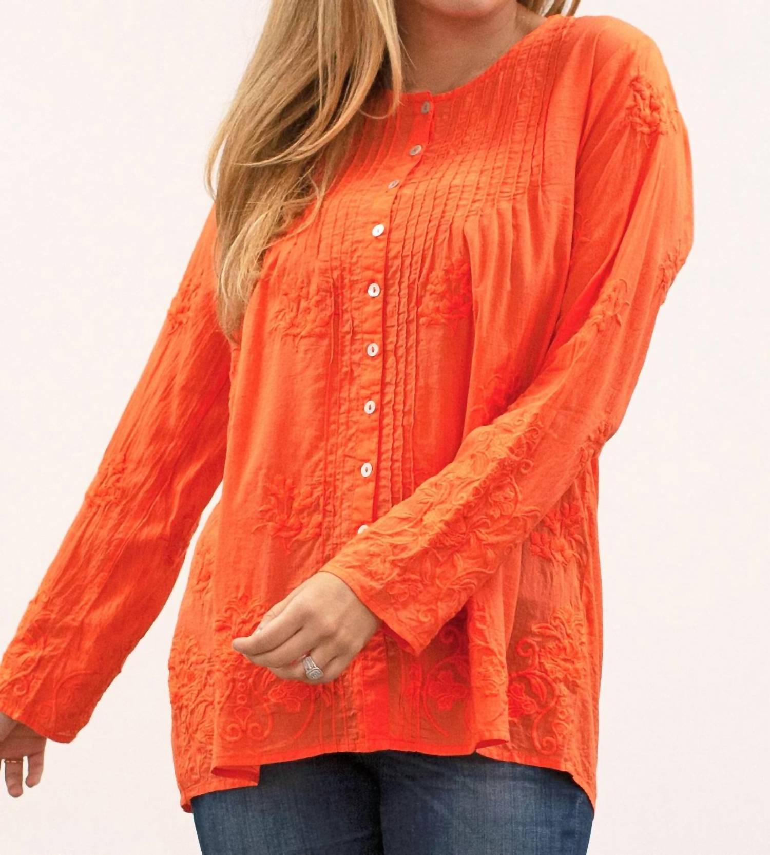 Caite & Kyla - Yoanna Embroidered Blouse in Spicy Orange